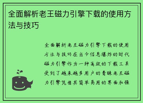 全面解析老王磁力引擎下载的使用方法与技巧